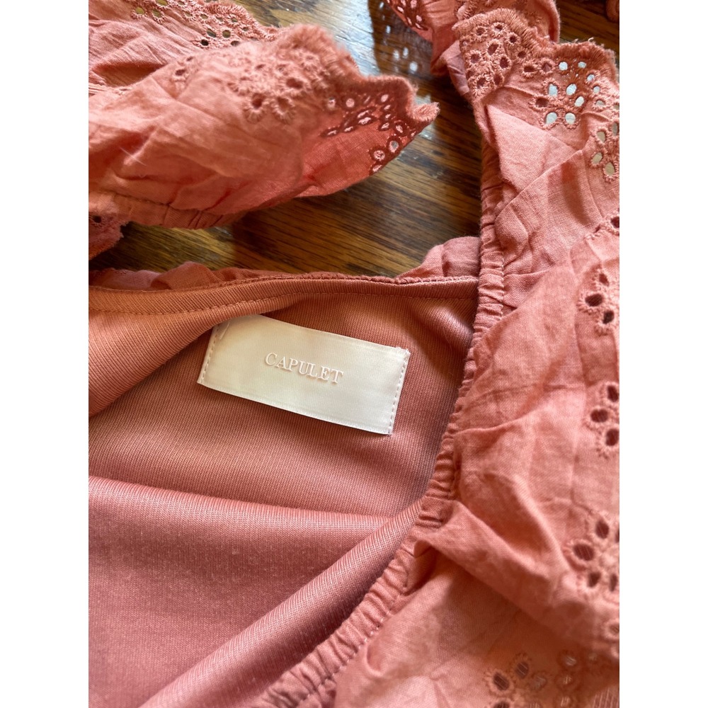 NWT‎ Capulet Womens Ribbed Eyelet Ruffle Bodysuit Salmon Pink Scoop Neck Small - Picture 4 of 7